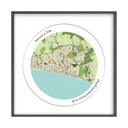 Personalised Circular Map Print in a black oak frame