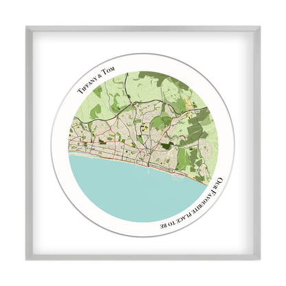 Personalised Circular Map Print in a matt silver frame