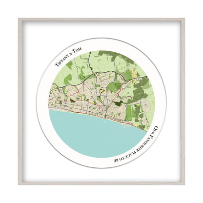 Personalised Circular Map Print in a white oak frame