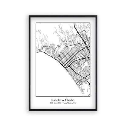 Personalised Favourite Location Couple Map B&W Print in a matt black frame