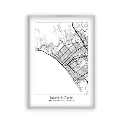 Personalised Favourite Location Couple Map B&W Print in a matt silver frame