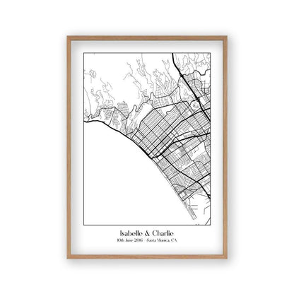 Personalised Favourite Location Couple Map B&W Print in an oak frame