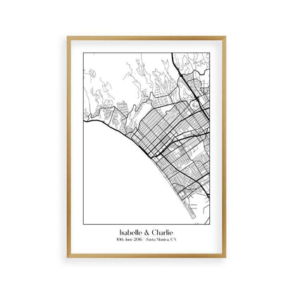 Personalised Favourite Location Couple Map B&W Print in a brushed copper frame