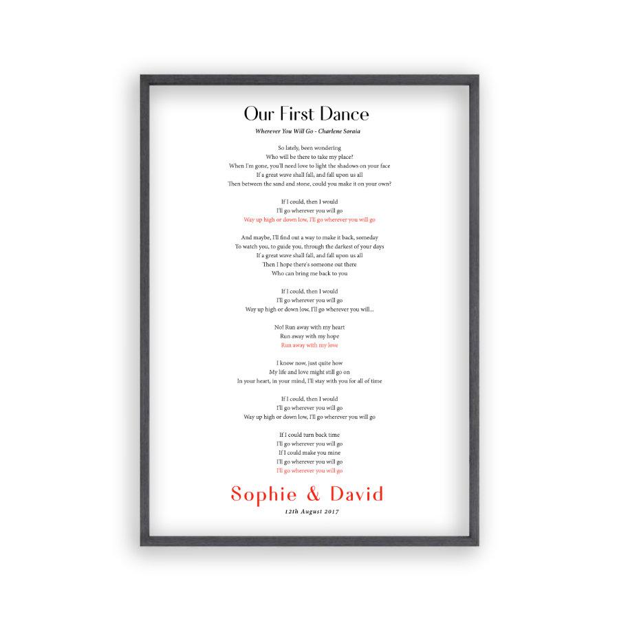 Personalised First Dance Song Wedding Lyrics Print - Blim & Blum
