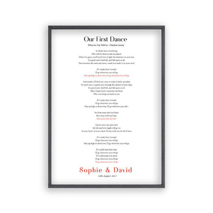 Personalised First Dance Song Wedding Lyrics Print in a black oak frame