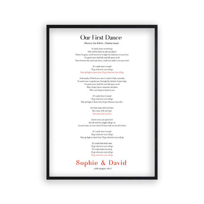 Personalised First Dance Song Wedding Lyrics Print in a matt black frame