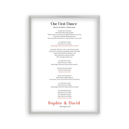 Personalised First Dance Song Wedding Lyrics Print in a matt silver frame