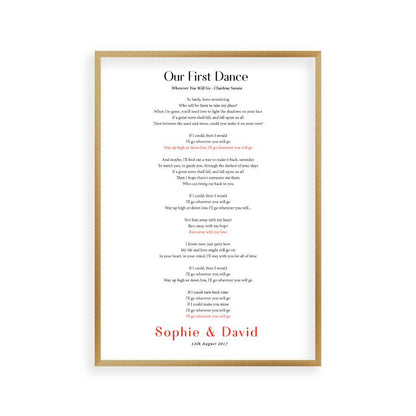 Personalised First Dance Song Wedding Lyrics Print in a brushed copper frame