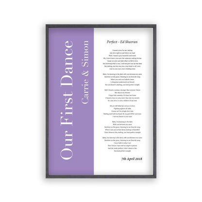 Personalised First Dance Wedding Song Lyrics Music Colour Block Print in a black oak frame