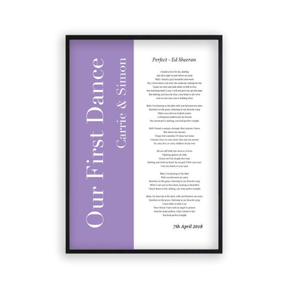 Personalised First Dance Wedding Song Lyrics Music Colour Block Print in a matt black frame