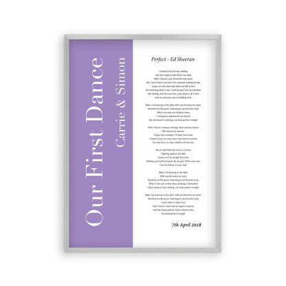 Personalised First Dance Wedding Song Lyrics Music Colour Block Print in a matt silver frame