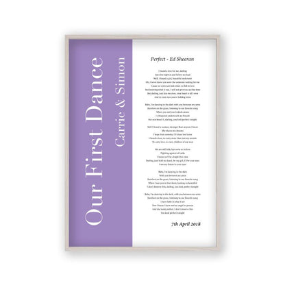 Personalised First Dance Wedding Song Lyrics Music Colour Block Print in a white oak frame