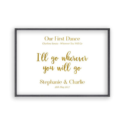 Personalised Gold Foil Wedding Song Lyric Quote Print in a black oak frame