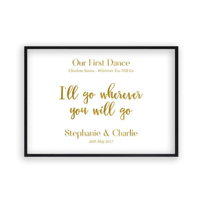Personalised Gold Foil Wedding Song Lyric Quote Print in a matt black frame