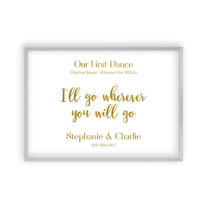 Personalised Gold Foil Wedding Song Lyric Quote Print in a matt silver frame