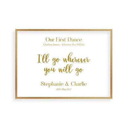 Personalised Gold Foil Wedding Song Lyric Quote Print in a brushed copper frame