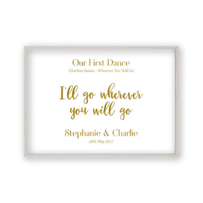 Personalised Gold Foil Wedding Song Lyric Quote Print in a white oak frame