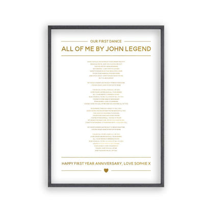 Personalised Gold Foil Wedding Song Lyrics Print in a black oak frame