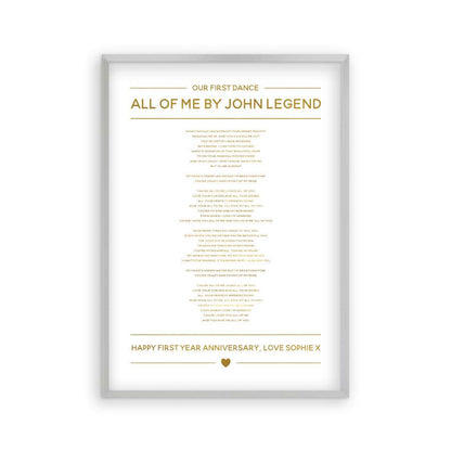 Personalised Gold Foil Wedding Song Lyrics Print in a matt silver frame