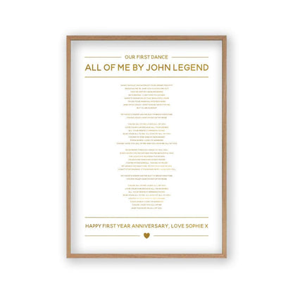 Personalised Gold Foil Wedding Song Lyrics Print in an oak frame