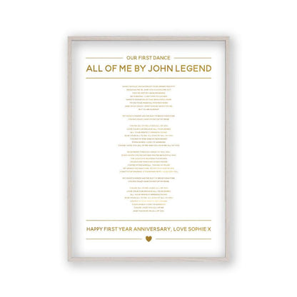 Personalised Gold Foil Wedding Song Lyrics Print in a white oak frame
