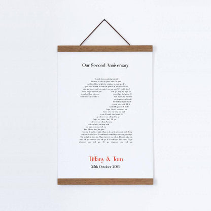Personalised Second Anniversary Song Lyrics Cotton Canvas Print in an oak hanging frame