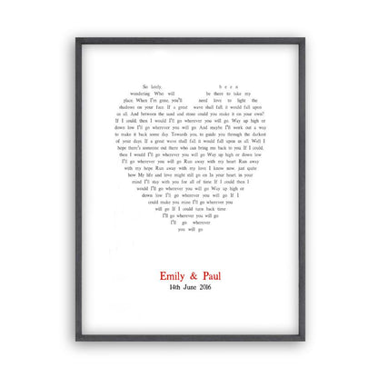 Personalised Wedding First Dance Song Lyrics Heart Print - Blim & Blum