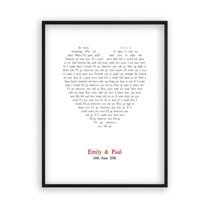 Personalised Wedding First Dance Song Lyrics Heart Print - Blim & Blum