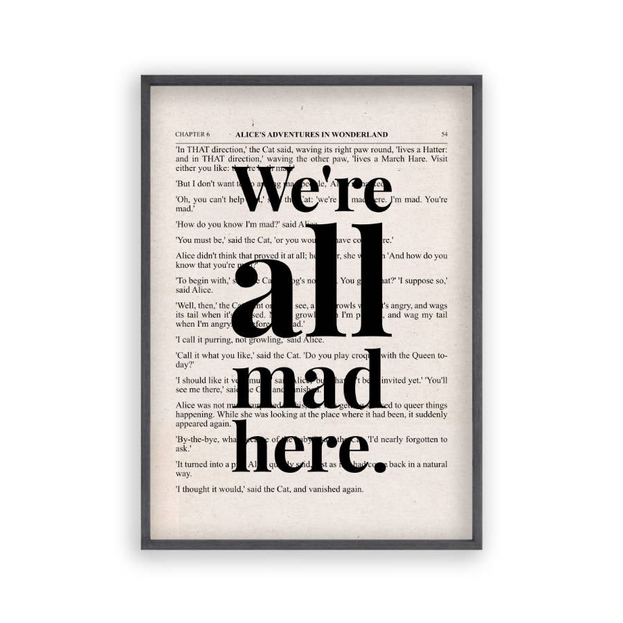 Alice In Wonderland We're All Mad Here Quote Book Print