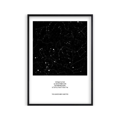Personalised Night Sky Star Map Print in a matt black frame
