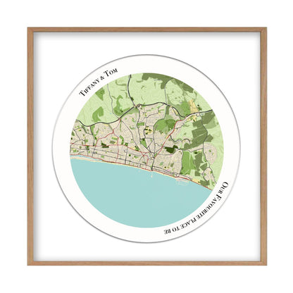 Personalised Circular Map Print in an oak frame