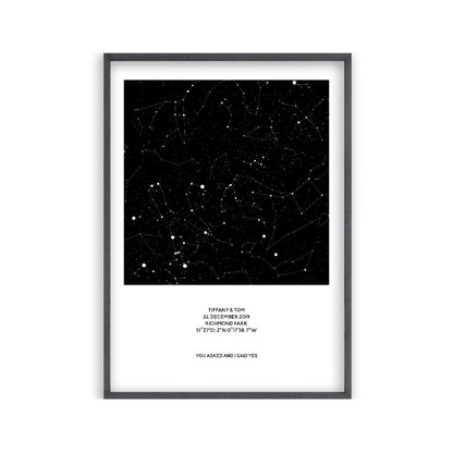 Personalised Night Sky Star Map Print in a black oak frame