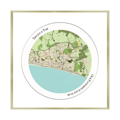 Personalised Circular Map Print in a champagne gold frame