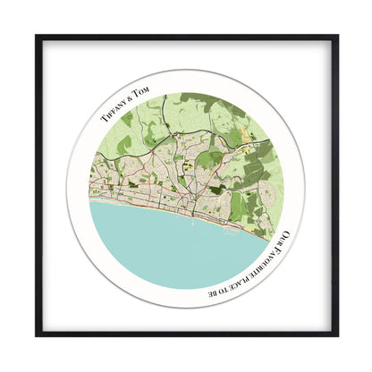Personalised Circular Map Print in a matt black frame